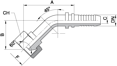 FEMMINA CURVA 45° CONO 60° FILETTO GAS CILINDRICO