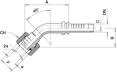 FEMMINA CURVA 45° CONO 24°/60° - DIN 3868 FILETTO MÉTRICO