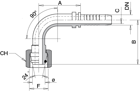 FEMMINA CURVA 90° MÉTRICA CONO 24°/60°- DIN 3868
