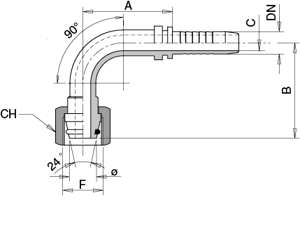 FEMMINA 90° MÉTRICA CONO 24° O.R. - DIN 3865 SERIE L DIN 2353