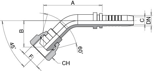 FEMMINA CURVA 45° CONO 60° FILETTO GAS CILINDRICO