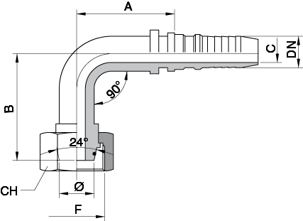 FEMMINA 90° MÉTRICA CONO 24° O.R. - DIN 3865 SERIE S DIN 2353