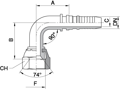 FEMMINA CURVA 90°JIC - SVASATA 74˚ FILETTO UNF - SAE J 514